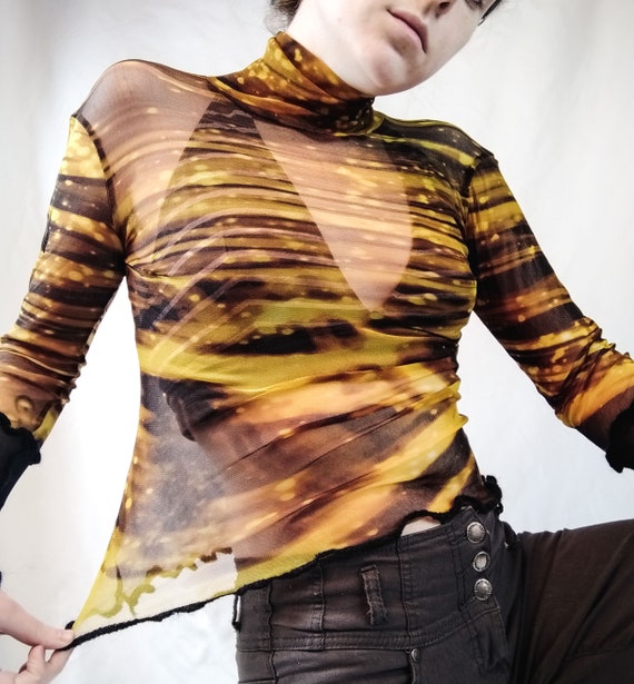 Y2k Cosmic Print Sheer Mesh Top Deconstructed Lettuce Hem - Etsy