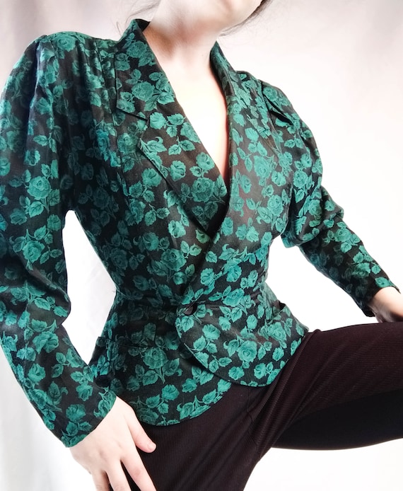 80s puff sleeve jacket green rose jacquard satin j