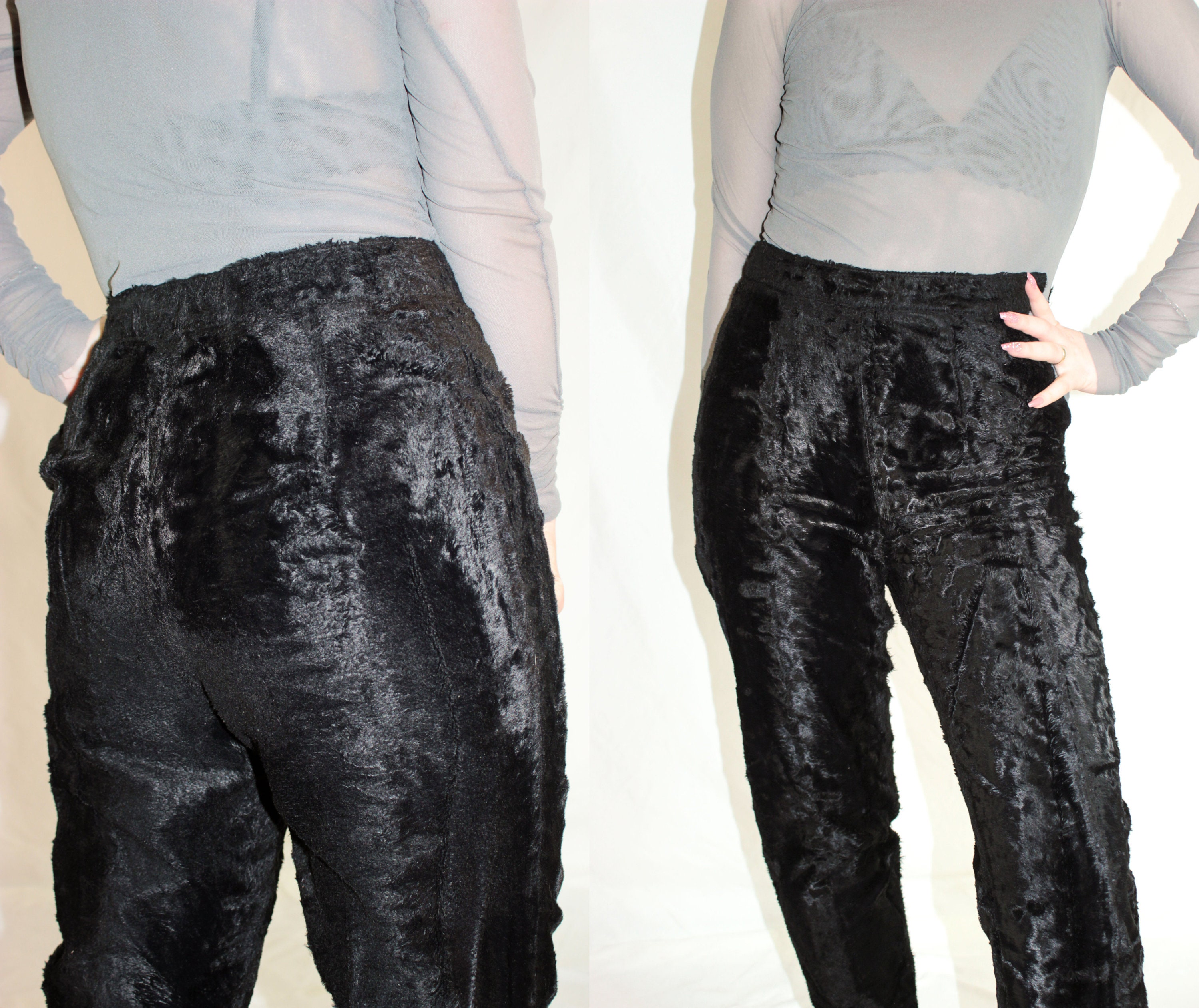 Vintage Black Velvet Pants Size S Women Slack Trousers Fuzzy