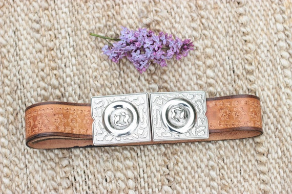 80s Cowboy Style Tooled Leather Belt Huge Double Buckle Adjustable Size Western Belt Boho Chic Ethnic Belt Elche Sebastian Spain Etsy