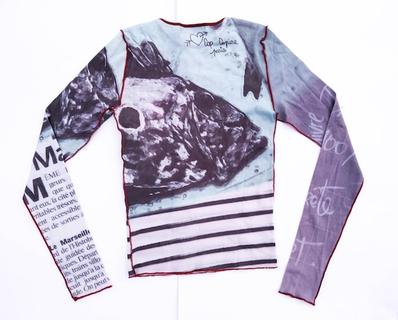 90s mesh top newspaper print mesh top aquatic them