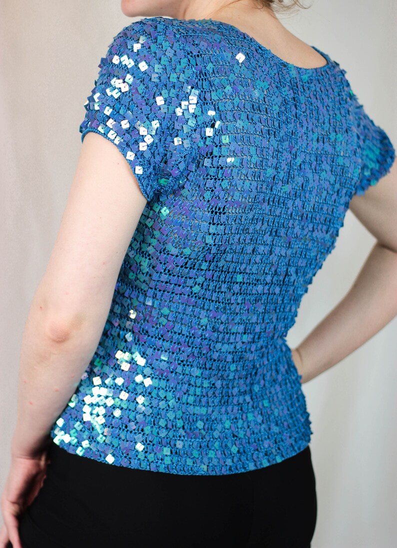 90s Knit Glitter Sequin Top Bright Blue Sequin Top Glitter Top Disco Top Sequin T Shirt