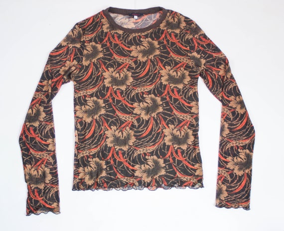 90s Kenzo floral mesh top art print stretch tulle