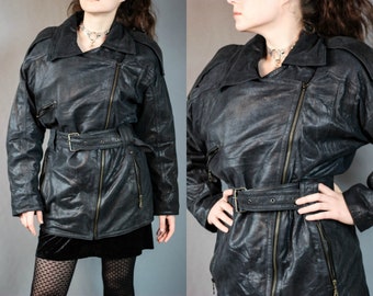 80s Gray Leather Biker Jacket  Distressed Leather Coat Oversize Motor Jacket Soft Leather Shiny Slouchy Jacket Unisex