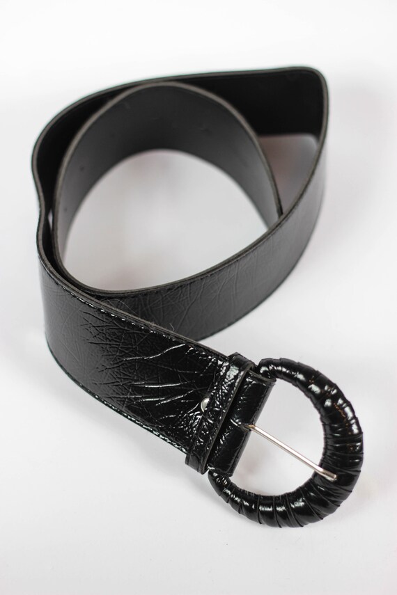 80's Black Wide Leather Belt Faux Leather Belt Fa… - image 3