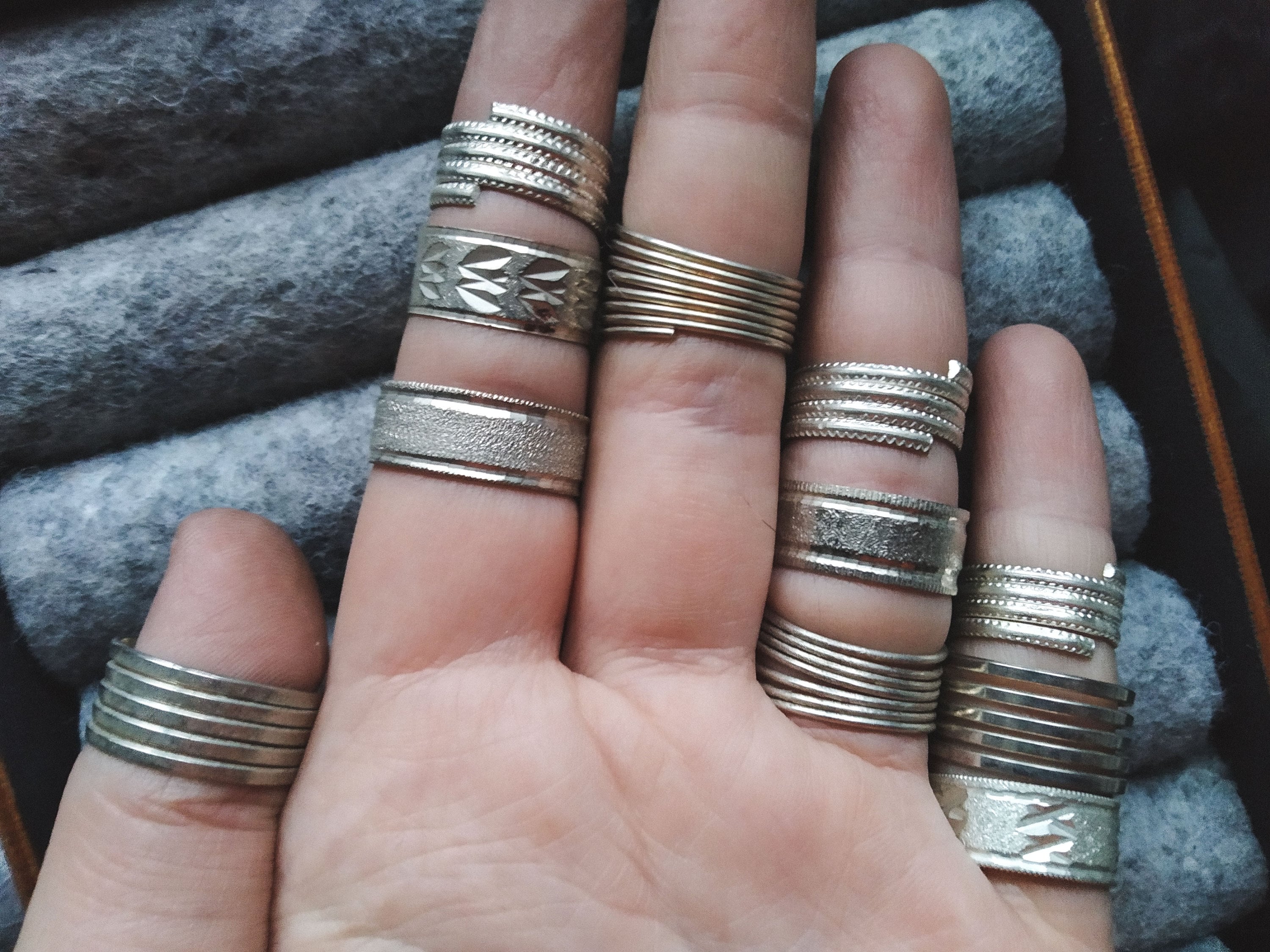 Y2K Silver Tone Ring Set: Filigree, Tassel, Wide Band (size