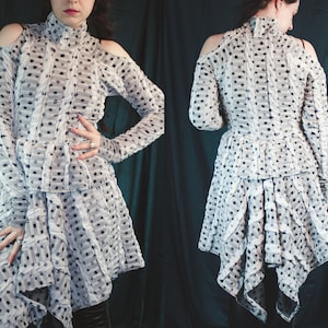 Unique goth fairy dress  - stretchy gothic cyberpunk original asymetrical cut peplum dress pixie skirt cut out shoulders turtleneck