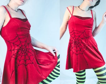 Upcycled vintage goth spiderweb embroidery dress red witch dress velvet skater dress spider web goth princess seam cobweb trad goth witchy