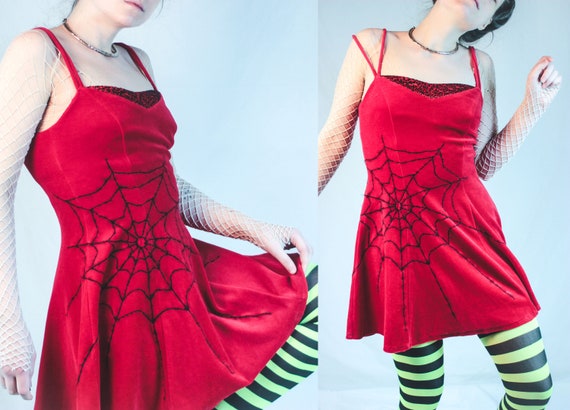 open lace back dress Black and Red Spiderweb Print Gothic Dress with Bow