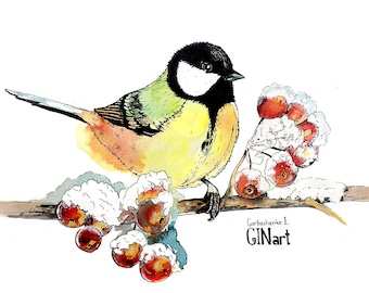 Original Watercolor Bird Painting: Winter Berries Art, 8.3x11.7