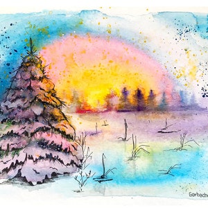 Pittura originale paesaggio Acquerello Tramonto dell'inverno Acquerello Natura