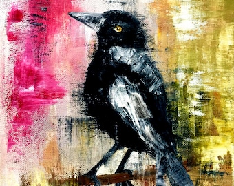 Pintura al óleo original de cuervo: arte de pájaro hecho a mano sobre lienzo