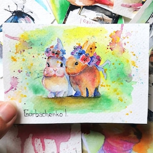 Original Aquarell ACEO Karten für Dekor Wand oder Geschenk Aquarell Miniatur Tiere Aquarell Illustration Wand Dekor Aquarell von Ira
