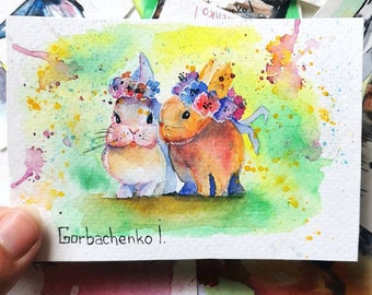 Aquarelle originale ACEO Cartes pour décor Mur ou Cadeau Aquarelle Miniature Animaux Aquarelle Illustration Décor Mural Aquarelle par Ira