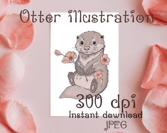 Cute Otter Illustration with Flowers - Digital Art for Nursery, Wall Art, or Stationery