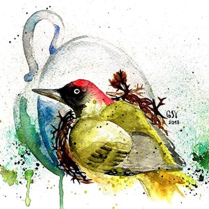 Bird Original Watercolor Painting for Gift Ideas or Wall Decor Watercolor Illustration Tropical Bird and Cup
