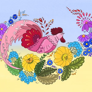 Puede incluir: Un gallo rosa con plumas rojas y blancas rodeado de una corona de flores de colores, incluyendo amarillas, azules, moradas y verdes.