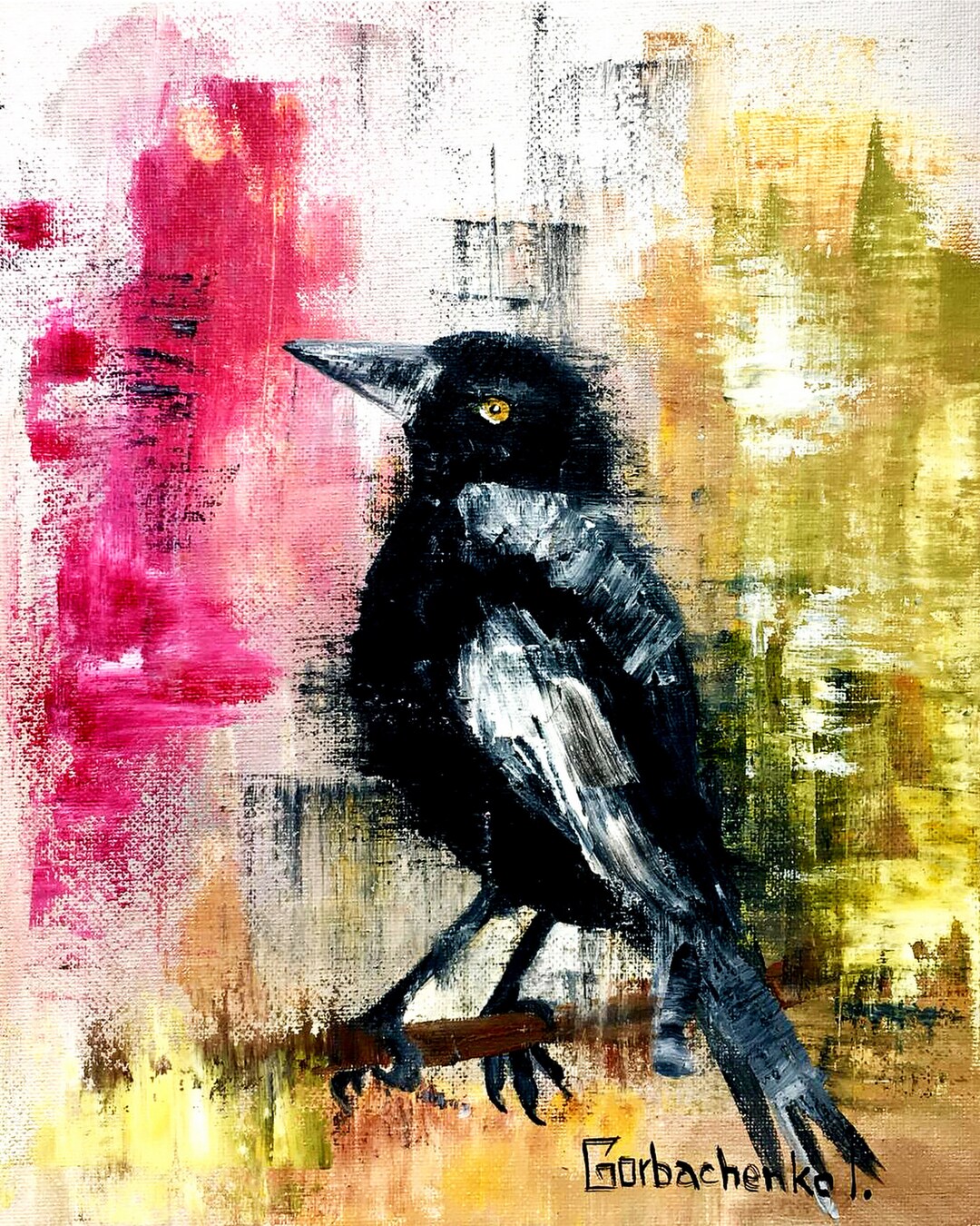 カラス 鳥 油絵 オリジナルのカラスの油絵 キャンバスに描かれた手作りの鳥