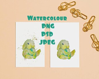 Watercolor Bunny Print: Original Green Rabbit Art (Digital Download)