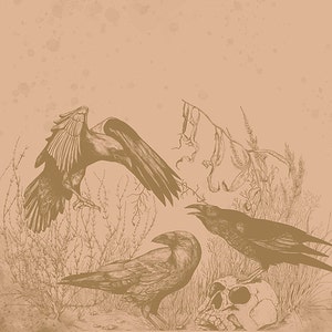 Raven Pencil Drawing Art: Skull and Birds Illustration (Digital Download)