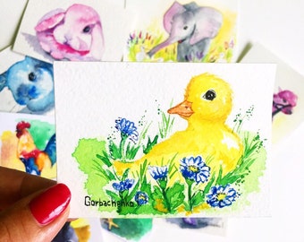 Dipinto ad acquerello di un anatroccolo: cartolina d'arte originale ACEO di Ira
