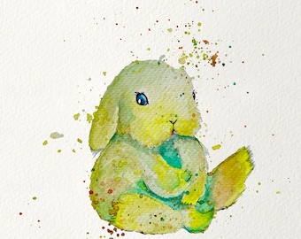 Watercolor Bunny Print: Original Green Rabbit Art (Digital Download)