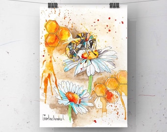 Pintura de acuarela de abejorro: arte de abeja sobre flores