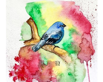 Blue Bird Watercolor Painting: Tropical Art Print, 9.3x9.3"