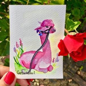 Lama ACEO Card Alpaca Wall Art Alpaca Lama Illustrazione Acquerello originale ACEO Illustrazione in miniatura Acquerello di Ira