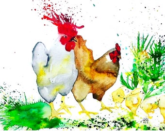 Original Rooster Watercolor Painting: Farm Animal Kitchen Art