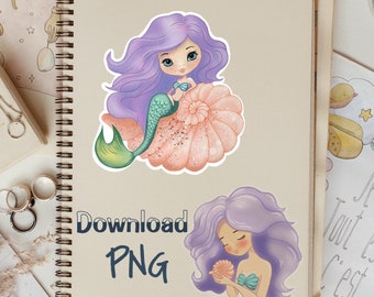 Watercolor Mermaid with Flowers and Shellfish PNG Cute Clipart  Original Girl Soft Pastel Colors Paper Effect Digital Design