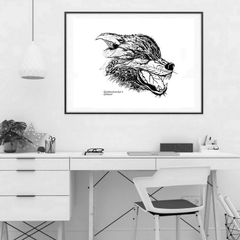 Wolf White and Black Digital Picture for Print Wolf Wall Art Modern
