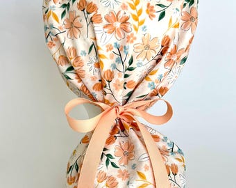 Peach Floral Scrub Cap, Scrub Hat, Scrub Cap for Women, ponytail Scrub Hat, ponytail Scrub Cap