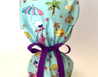 Flamingos on the beach Scrub Cap, Scrub Hat, Scrub Cap for Women, Scrub Hat for Women, Ponytail Scrub Hat