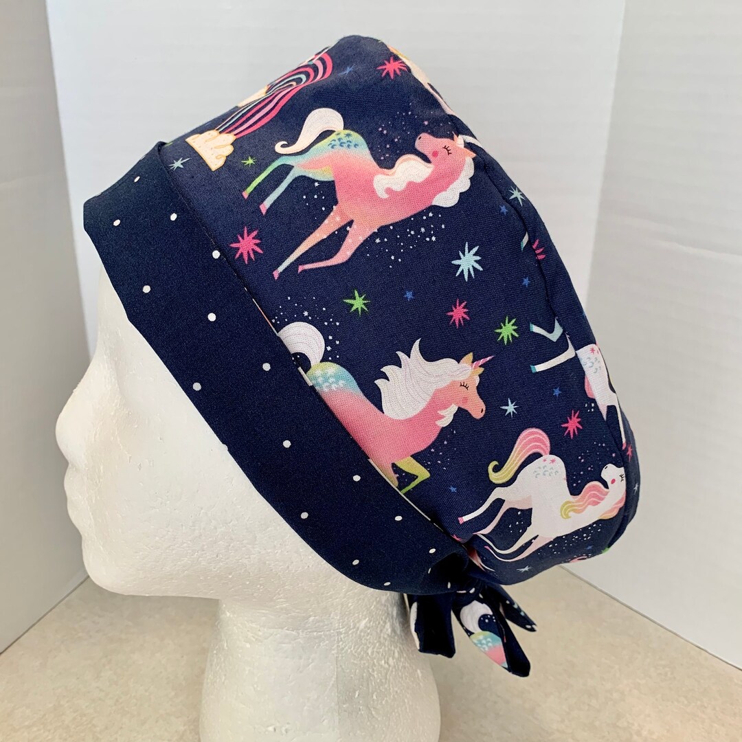 Rainbow Unicorns / Navy Bluescrub Cap, Unicorns Scrub Hat, Scrub Cap