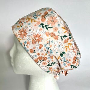 Peach Floral Scrub Cap, Scrub Hat, Scrub Cap for Women, Scrub Hat for Women, Pixie Scrub Hat