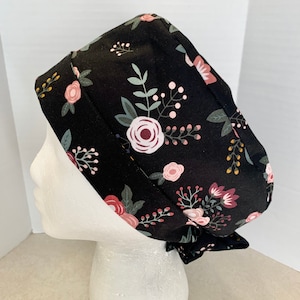 Black Floral Scrub Cap, Scrub Hat, Scrub Cap for Women, Scrub Hat for Women, Pixie Scrub Hat