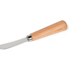 May include: A butter knife with a wooden handle and a stainless steel blade. The handle is light brown and cylindrical, and the blade is flat and rounded at the tip. The knife is designed for spreading butter or other soft foods.