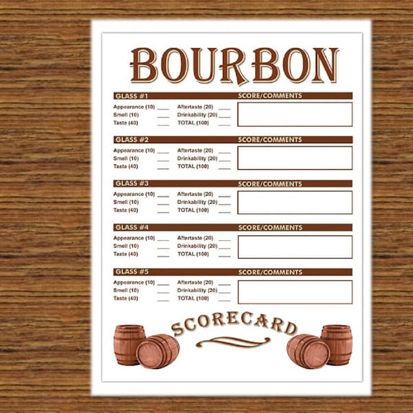 Printable Instant Download Bourbon Flight Rating Score Card Tasting Score Sheet - Perfect for Bachelor, Bachelorette or Super Bowl Parties