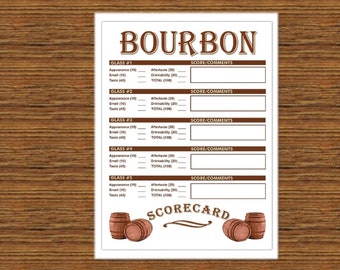 Printable Instant Download Bourbon Flight Rating Score Card Tasting Score Sheet - Perfect for Bachelor, Bachelorette or Super Bowl Parties
