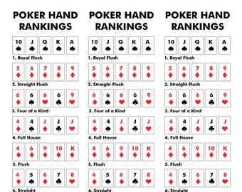 Poker Game Hand Ranking Cheat Sheet - Printable Instant Digital Download - Perfect For Casino Night Party Texas Hold'em Stud Poker or Draw