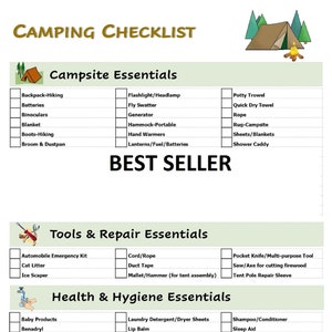 Laminated Camping Hiking Packing Gear Checklist  -Double Sided -Don't Forget Campground Equipment Scouts to Beginners Perfect Reminder List