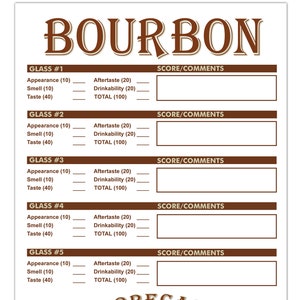 Our Popular Printable Instant Download Bourbon Rating Score Card Sheet - Perfect for Tasting, Bachelor, Bachelorette or Football Parties!