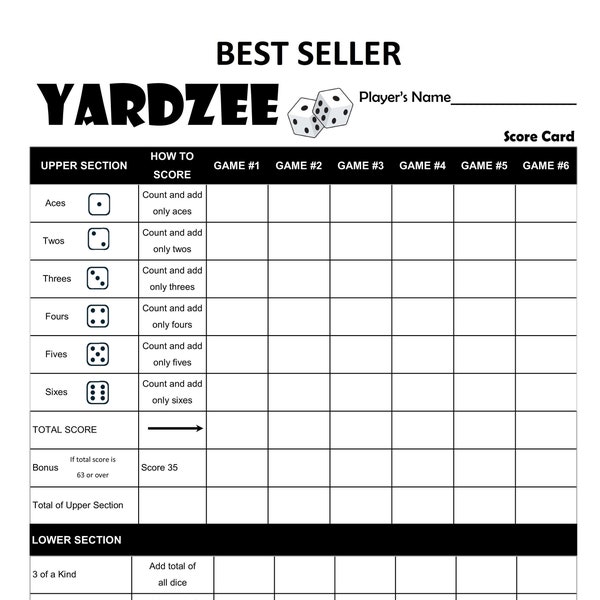 Printable Yardzee Yahtzee Laminated Score Sheet Scorecards With Rules!  Multi-Player PDF Instant Download Scorepads For Your Backyard Game!