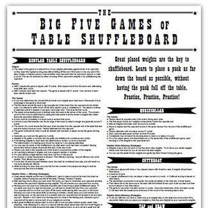 The Big Five Games of Table Shuffleboard Rules Laminated Poster! Makes for Great Gift Idea for Holidays in Your Mancave Fancave or Gameroom