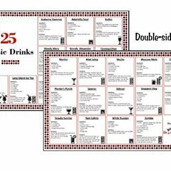 Cocktail Mixed Drink 25 Classic Recipe Chart -Laminated 11x17- Perfect Party Mix Guide! Old Fashioned Moscow Mule Mojitos Margarita and More