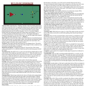 May include: A green felt snooker table with a diagram of the table layout and rules of play. The table includes a D-zone, a baulk line, and a half circle. The diagram shows the placement of the balls on the table, including the red, yellow, green, brown, blue, pink, and black balls.
