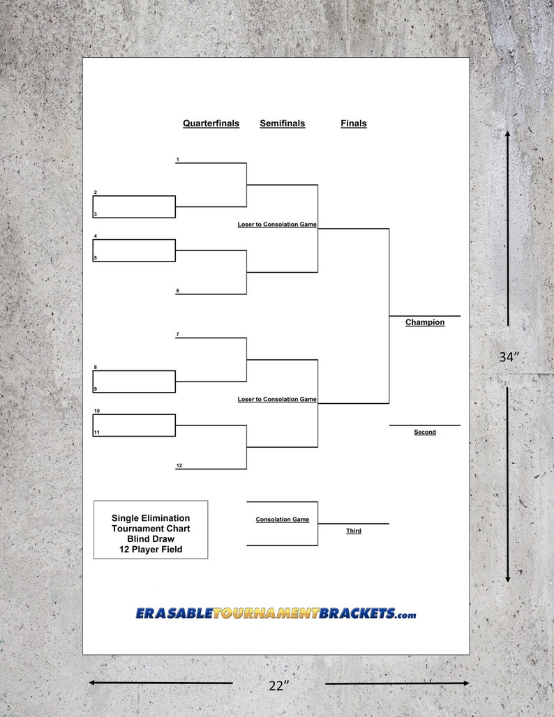 Erasable Tournament Bracket 12 Player/team Single Elimination Blind