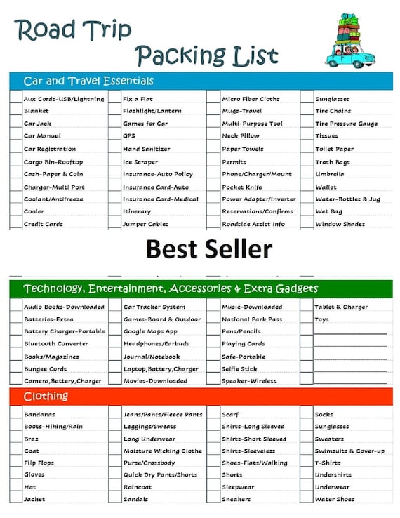 Laminated Road Trip Checklist Ultimate Planner Packing List Never Forget  Essential Supplies Entertainment or Kid Items 2 Sided 8 1/2 X 11 