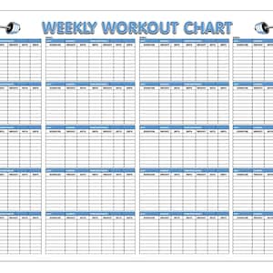 May include: A printable weekly workout chart with a blue and white color scheme. The chart is divided into seven days, with columns for exercise, sets, reps, weight, and time. The chart is titled "Weekly Workout Chart" and features a cartoon barbell with weights on each end.